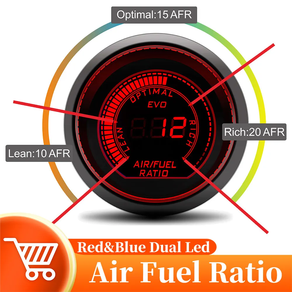52 مللي متر الهواء الوقود نسبة مقياس الأحمر والأزرق Led عرض سيارة مقياس أفر ضيق O2 الأكسجين الاستشعار الهواء الوقود نسبة متر ل سباق 12 فولت