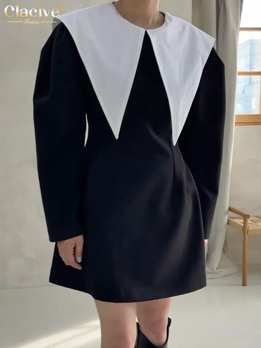

Clacive Autumn Black Women Dress Fashion Lapel Long Sleeve Office Lady Mini Dresses Vintage High Waist Patchwork Female Dress