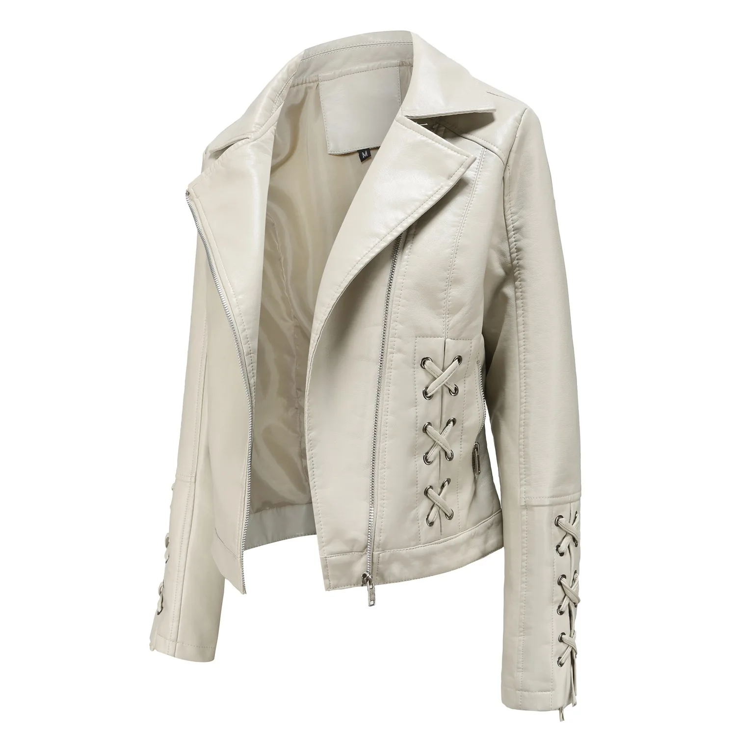 2022 New Women's Lapel Leather Jacket Weave Bandage Vintage Motorcycle Coat Short Faux Leather Biker Jackets Soft Female Outwear