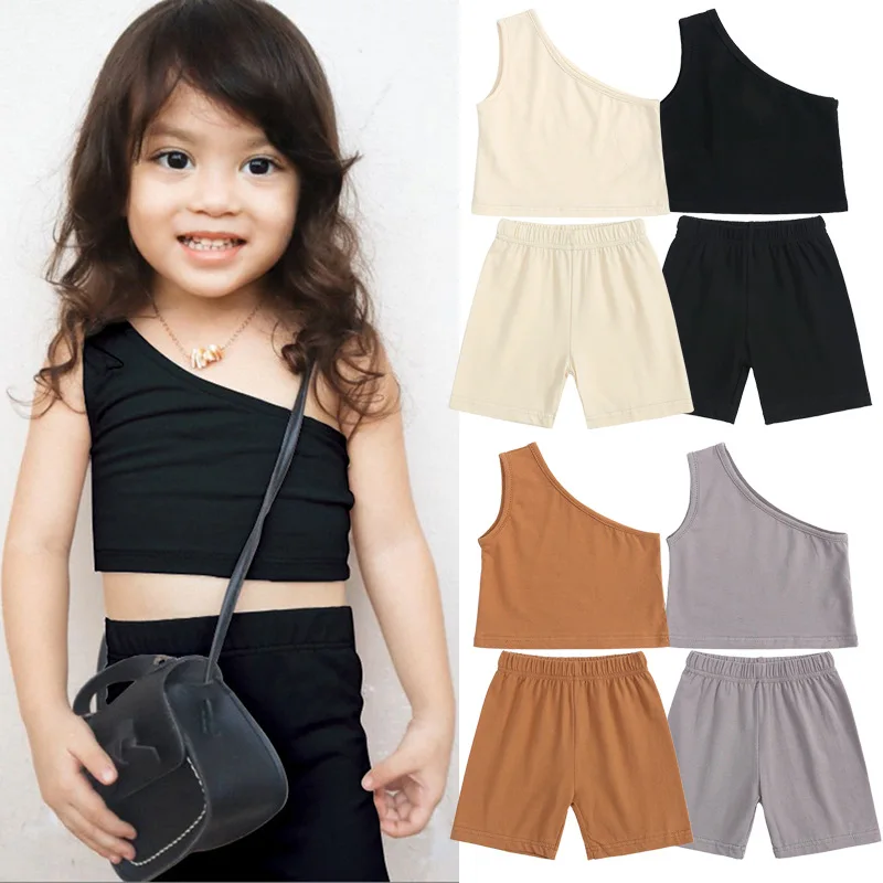 

Kids Summer Clothes Sets 2pcs Toddler Girl One Shoulder Vest and Short Pants Solid Color Girls Clothing Suits