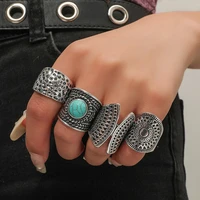 2022 vintage antique silver color rings sets turquoises carve wide face ring for women men 4pcslot bohemian finger jewelry