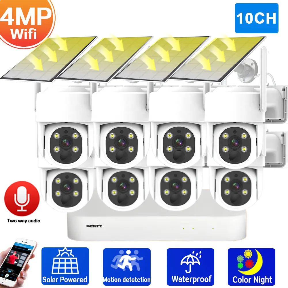 

4MP 8CH Lower Consumption Solar Wifi Two way Audio PIR Detection Outdoor Security PTZ Camera System 5MP 10CH Wireless NVR Kit