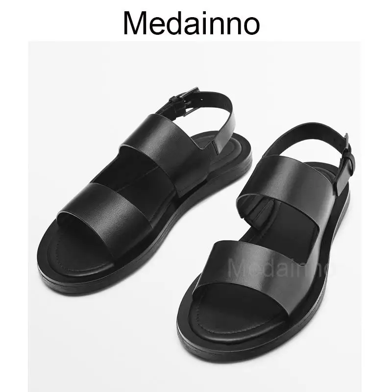 

Medainno 2023 Summer Fashion Men New Genuine Leather Open Toe Flat Sandals Comfort Versatile Casual Basic Beach Shoes Male Chic