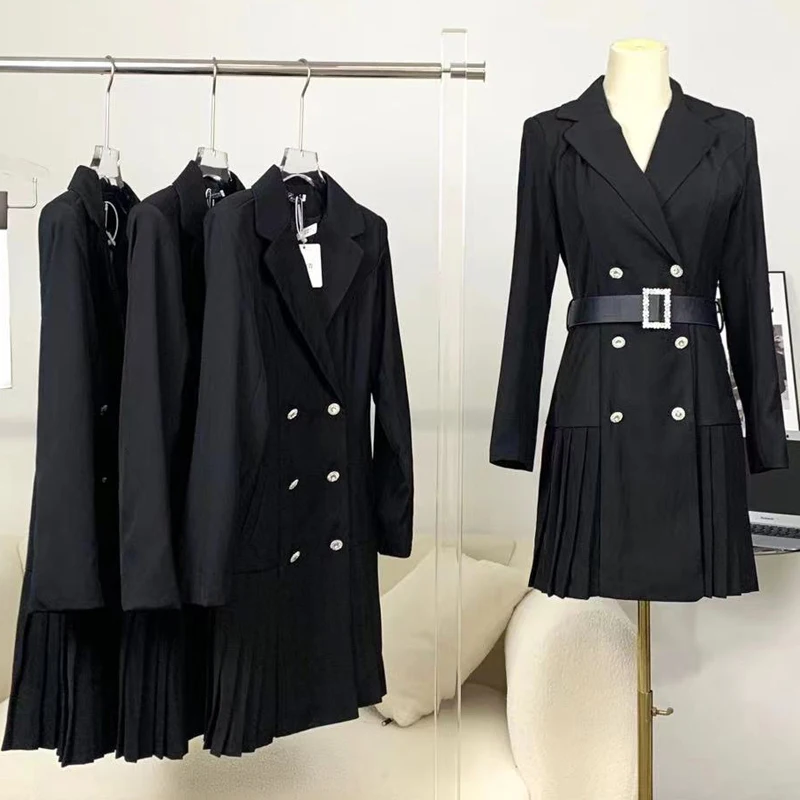 

Blazer Women Elegant Fashion Office Coats Women Autumn Sheath Double Breasted Pleated Dresses Simple Slim Work Party Jackets