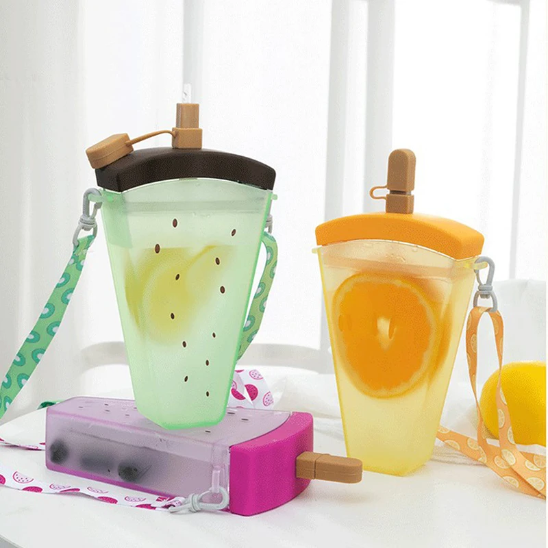

Kawaii Popsicle & Watermelon Shaped Water Bottle Plastic Cute Drinking Mug Easy To Carry Straw Cups With Adjustable Strap
