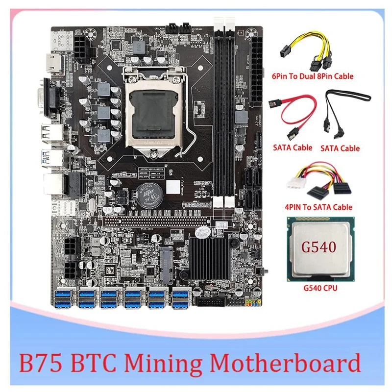 

Материнская плата B75 ETH для майнинга, материнская плата 12PCIE к USB LGA1155 DDR3 G540 ЦП + 6Pin к двойному 8Pin кабелю + 4PIN к SATA кабелю B75 BTC для майнинга
