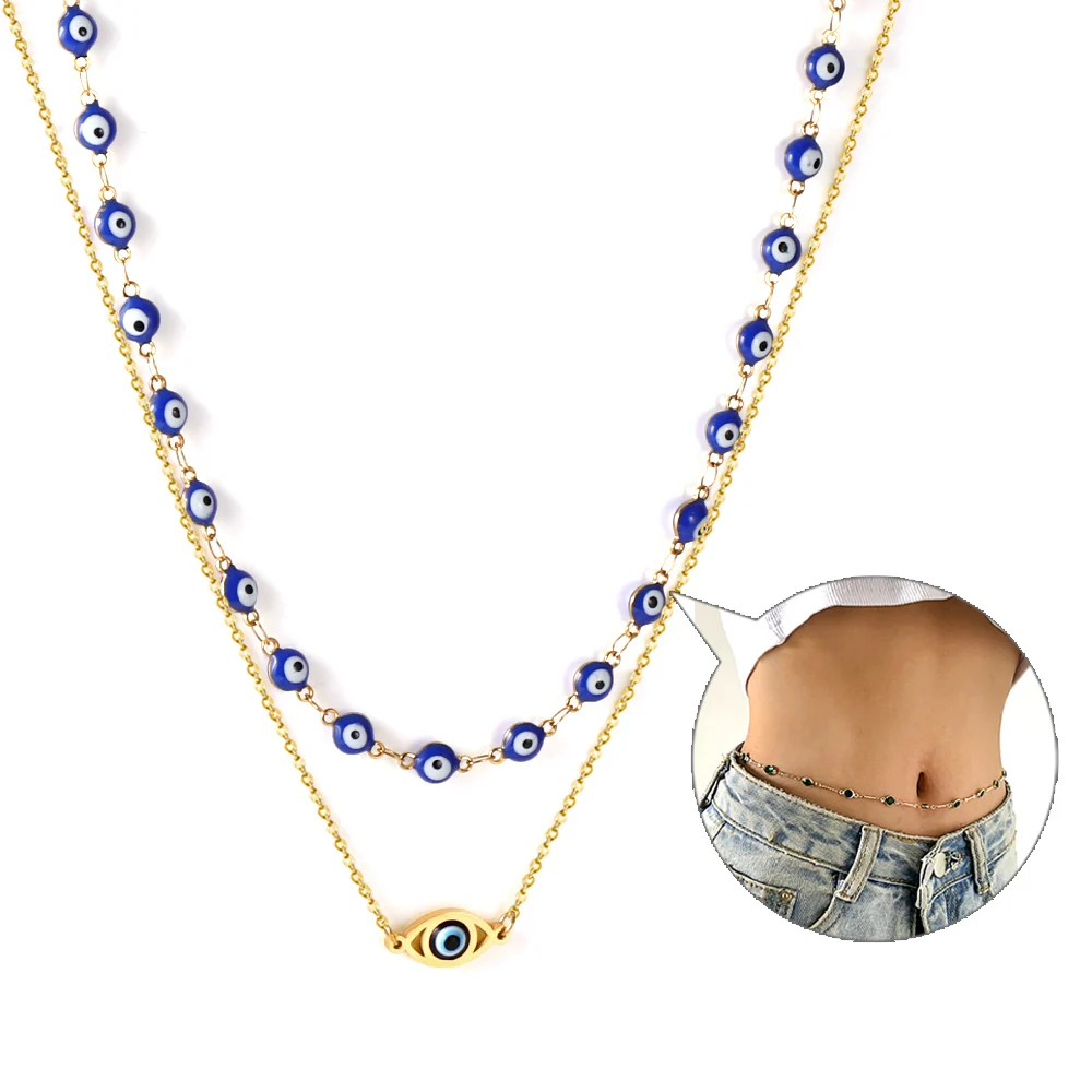 

ASON Women's Waist Chain Turkish Blue Evil Eyes Beads Charm Belly Chains Stainless Steel Choker Summer Beach Sexy Body Jewelry