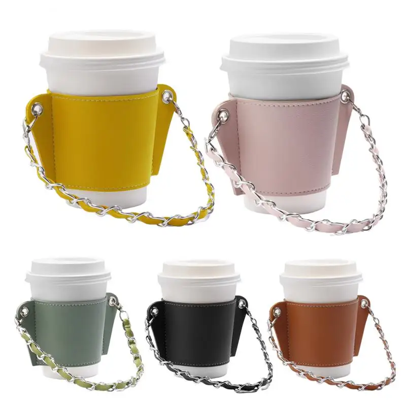 

PU Leather Milk Tea Hand-Held Holder Detachable Chain Outdoor Picnic Portable Coffee Cup Holder Outer Packaging Bag