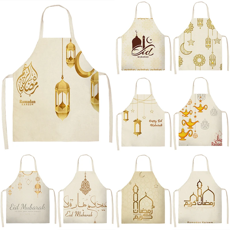 

Eid Mubarak Printed Cotton Linen Home Cooking Baking Waist Bib Muslim Ramadan Kareem Kitchen Apron For Women Star Crescent Decor