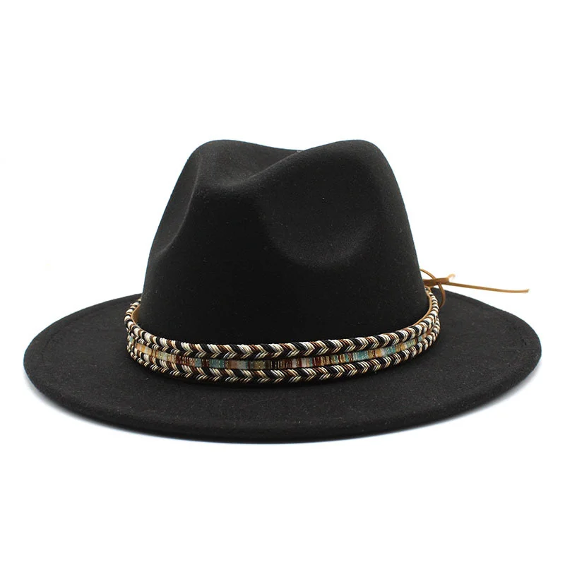 

Women's hat fedoras Men's hat autumn Winter felt panama with chain headgear black fashion chapel beach Wedding picture Casual