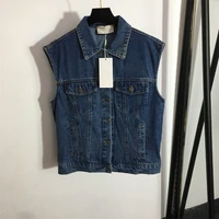 women sleeveless turn down collar denim jackets dark blue vintage casual style loose straight with pockets and buttons summer