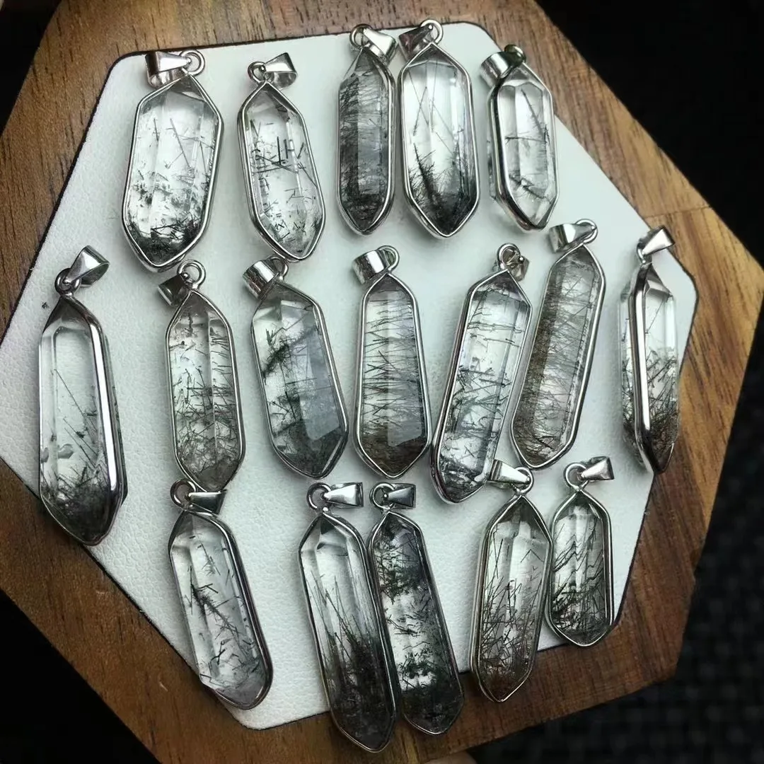 Цельный кулон из серебра 925 пробы с натуральным черным рутилированным кварцевым