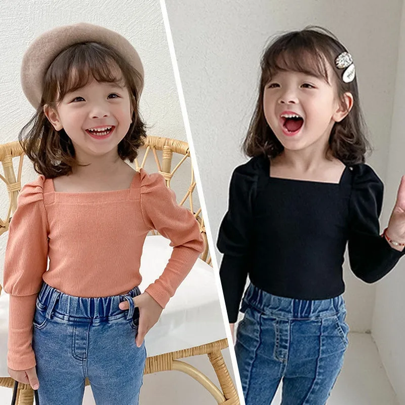 

Spring and Autumn Girls Clothing Bottoming Shirt Baby Western Style Children's Square Collar Puff Sleeve Fashionable T-shirt Top