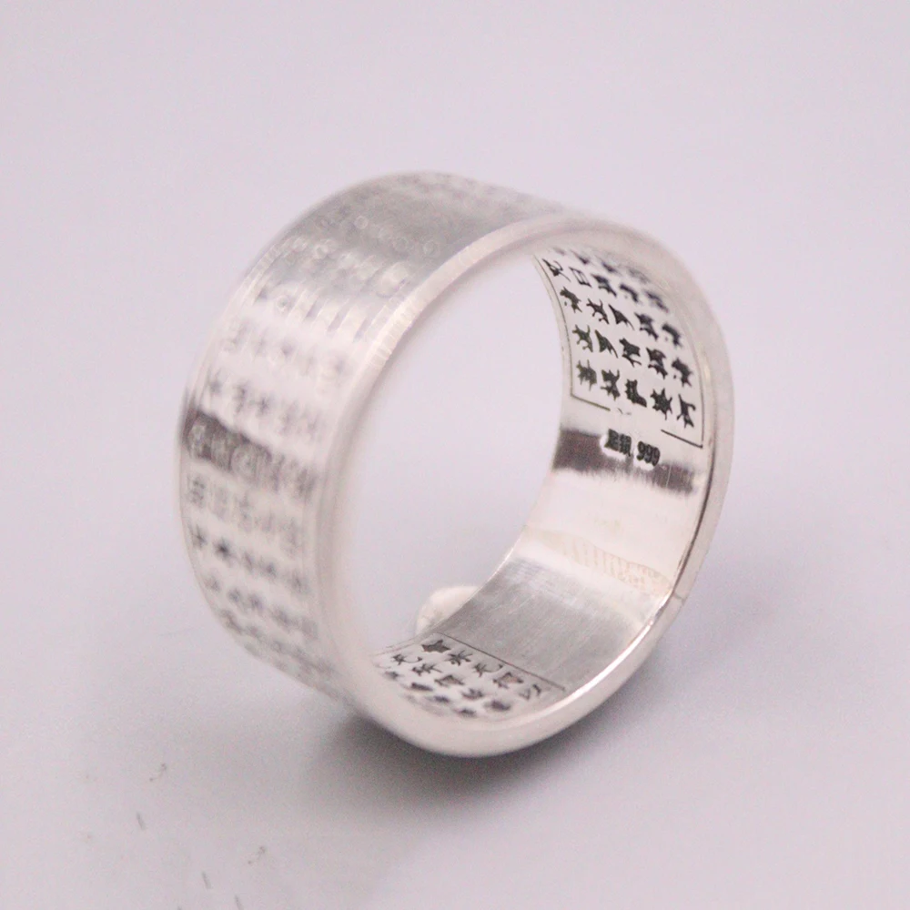 Настоящее тонкое серебро S999 для женщин и мужчин кольцо Lucky Blessing Heart Sutra резное US10