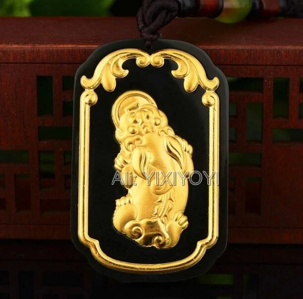 

Natural Black Green Hetian Jade + Solid Gold Inlaid Chinese Coin Wealth PiXiu Lucky Pendant Rope Necklace Charm Fashion Jewelry