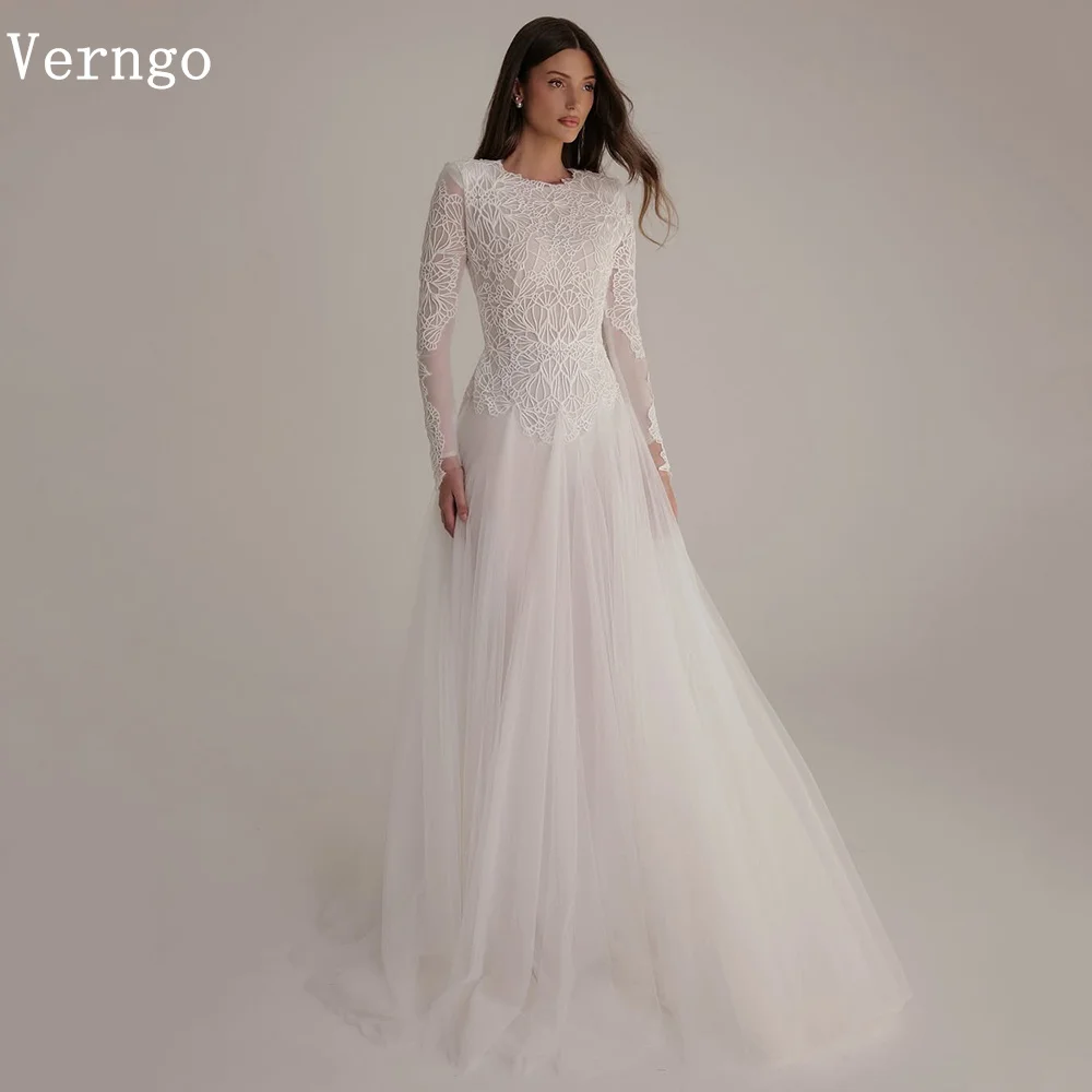Фото Verngo Lvory Тюлевое длинное вечернее платье Кружевное трапециевидное платье с длинными рукавами для выпускного вечера Скромное женское вечернее платье в Аравии по индивидуальному заказу №1