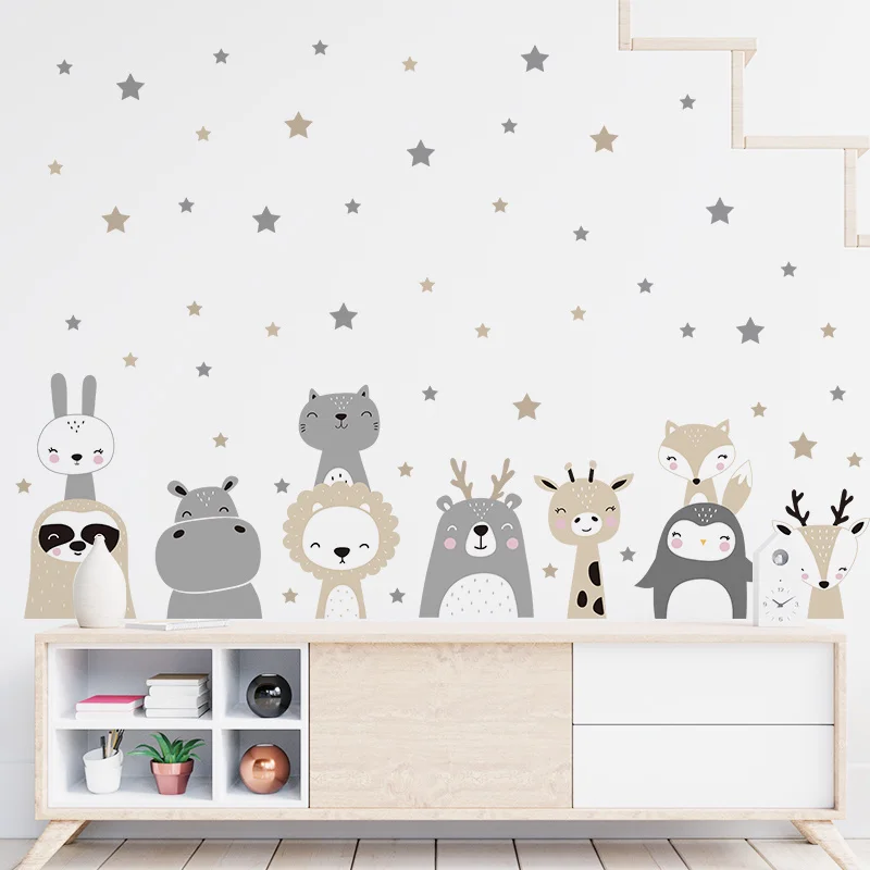 

Cartoon Cute Lion Bunny Forest Animals Stars Wall Stickers Bear Deer Wall Decals for Kids Room Baby Nursery Room Bedroom Murals