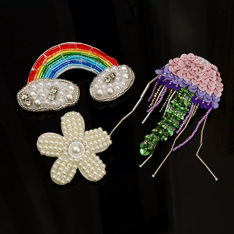 

Beaded Rhinestone Cloth Patch Stickers Rainbow Sewing Emblem Badge Jellyfish DIY Clothes Applique Clothing Sewing Supplies