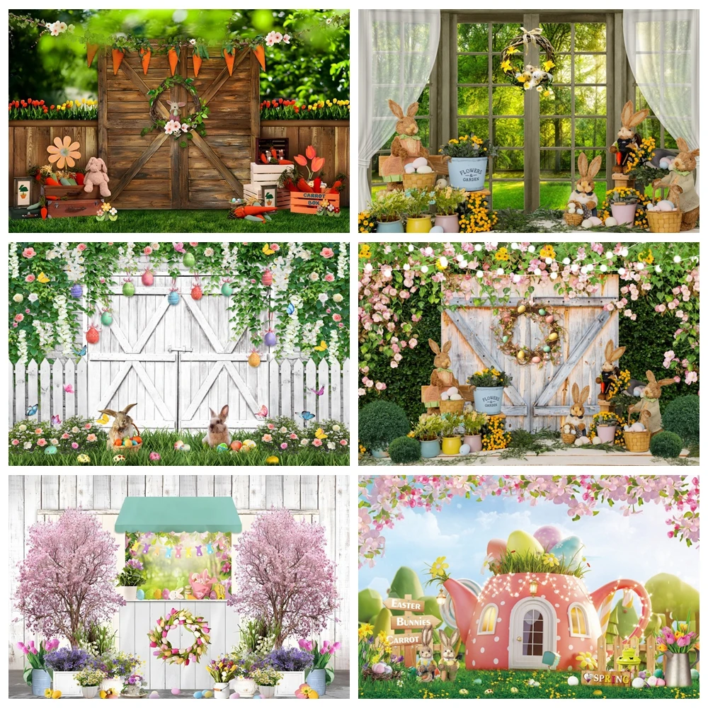 Spring Easter Photography Backdrop Green Grass Rabbit Eggs Flowers Bunny Children Portraits Party Background Photo Studio