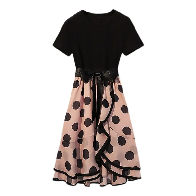 

Women Summer Elegant Dot Midi Long Dresses Cotton Chiffon O Neck Short Sleeve A Line Casual Plus Size Bandage Ruffles Party Robe