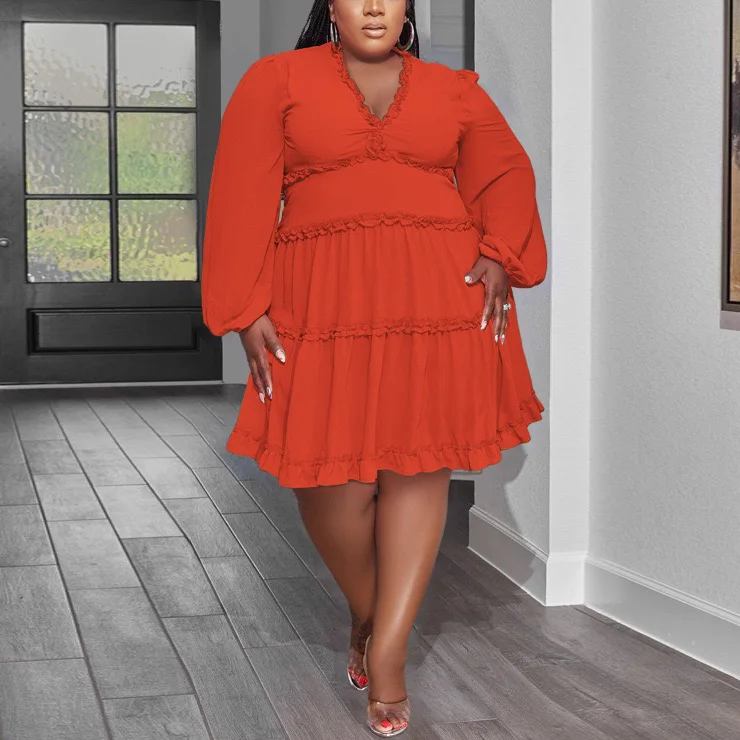 4XL 5XL Plus Size Dresses for Women Large Solid Full Sleeve V Neck High Waisted Elegant Evening Party Dinner Vestidos Mujer Big