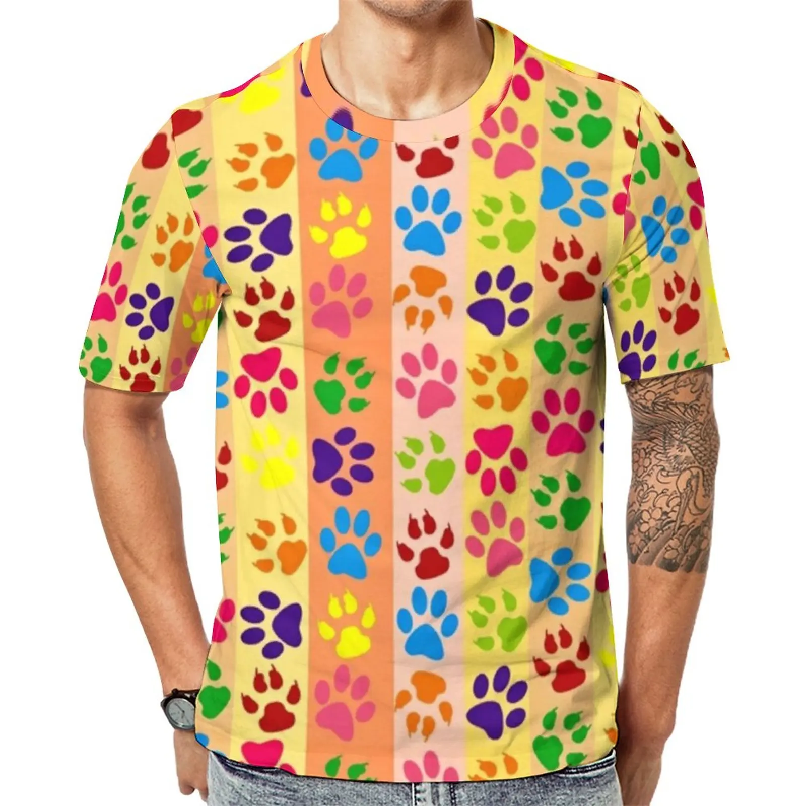 

Футболка с красочными собаками и лапками, футболка в полоску с принтом для пары, летняя футболка на заказ, Веселый топ с коротким рукавом бол...