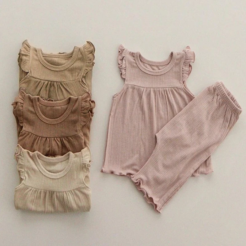 Комплект детской одежды FINEPAT для девочек, пижама с коротким рукавом, костюм с волнистой шнуровкой, летняя одежда для отдыха