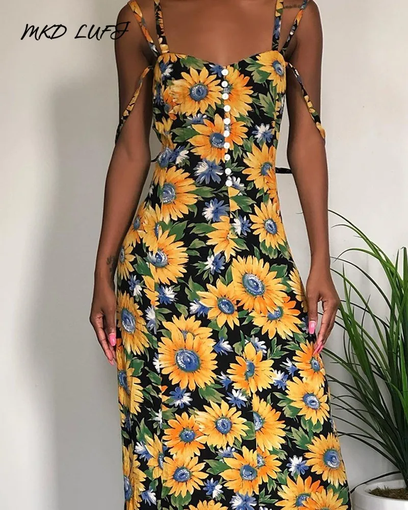 

MKD LUFI Allover Floral Print Buttoned Cami Dress Women Spaghetti Strap Mid-calf Summer Dress