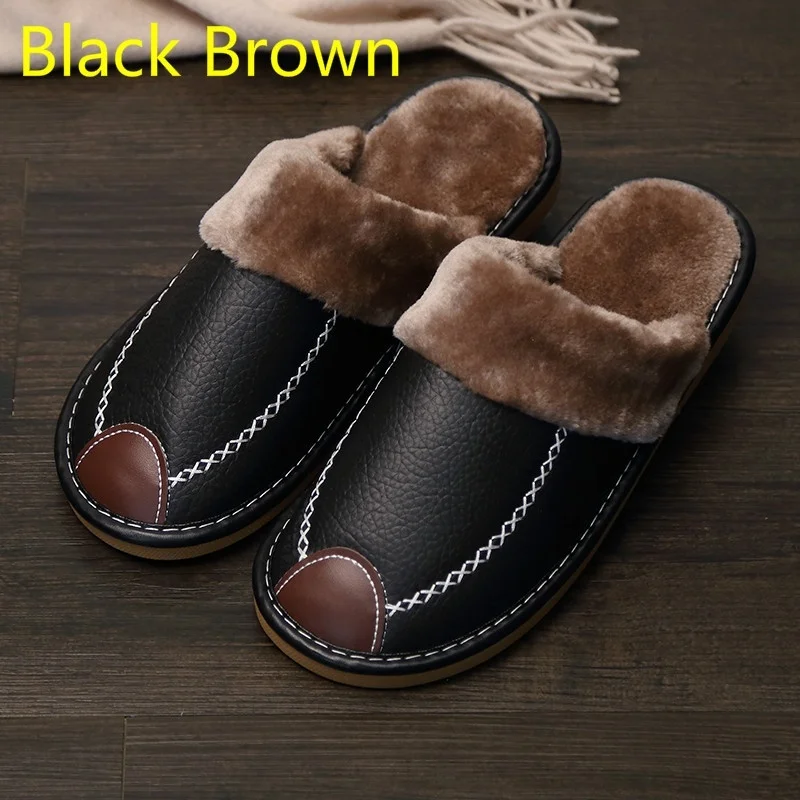 men slippers black new winter pu leather slippers warm indoor slipper waterproof home house shoes women warm leather slippers free global shipping