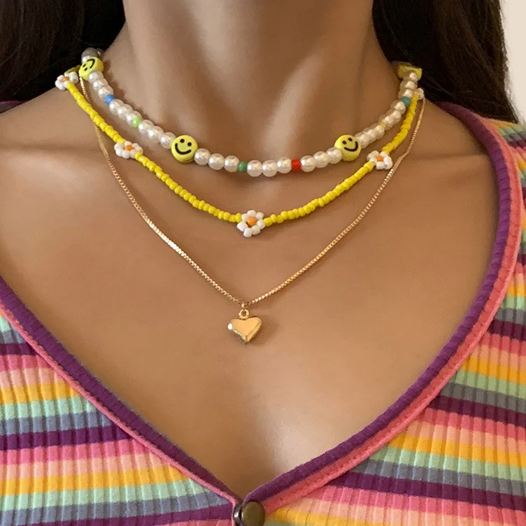 

Summer New Bohemia Trinkets Multilayer Beaded Retro Statement Necklaces For Women Girls Fashion Metal Heart Pendant Collares