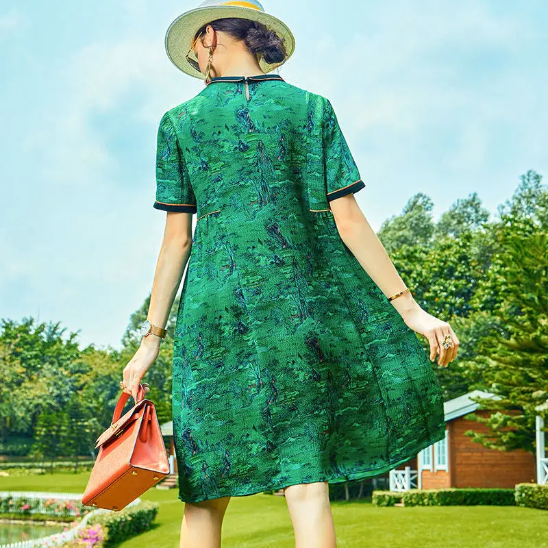 Тяжелое шелковое платье для женщин лето 2022 тонкая юбка с чернильным принтом