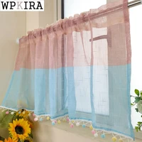 horizontal stripes short curtain for small window sheer finished drape with lace balls bottom coffee partition blinds 391cd
