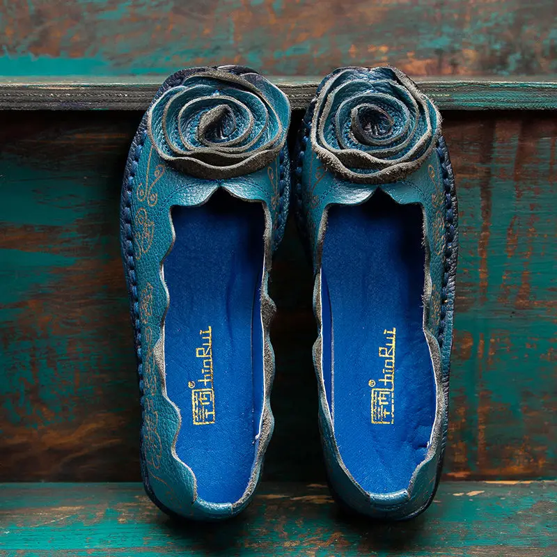 Handmade Rose Flats Shoes For Women Vintage Thick Sole Loafer Womens Luxury Brand Cowhide Leather Shoes Female Slip On Moccasins