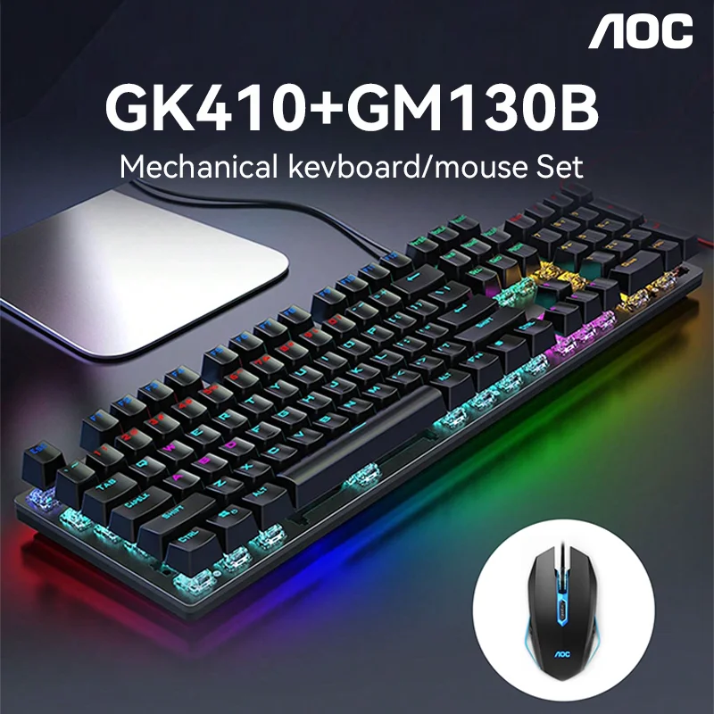 Фото Механическая клавиатура AOC GK410 с 130B мышью, синяя, черная, переключаемая, игровая, полная клавиша, максимальный игровой опыт, пластиковая панель №1