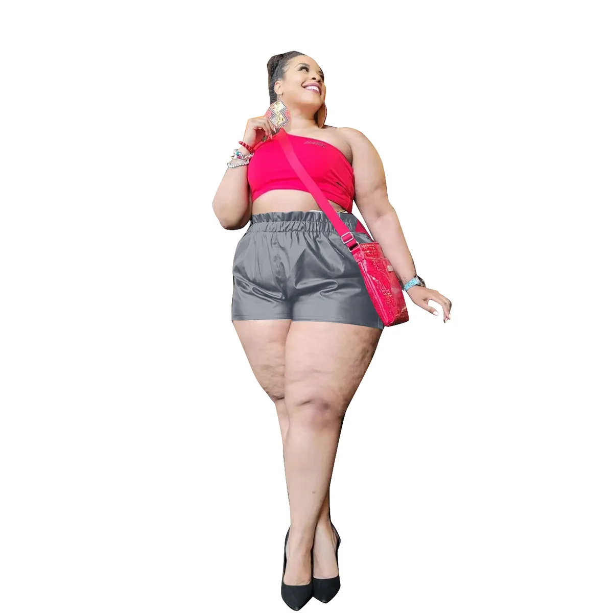 Plus Size Streetwear Pu Leather Biker Shorts Pants Summer Clothing For Women Outfit Fashion High Waist Loose Soild Short Trouser