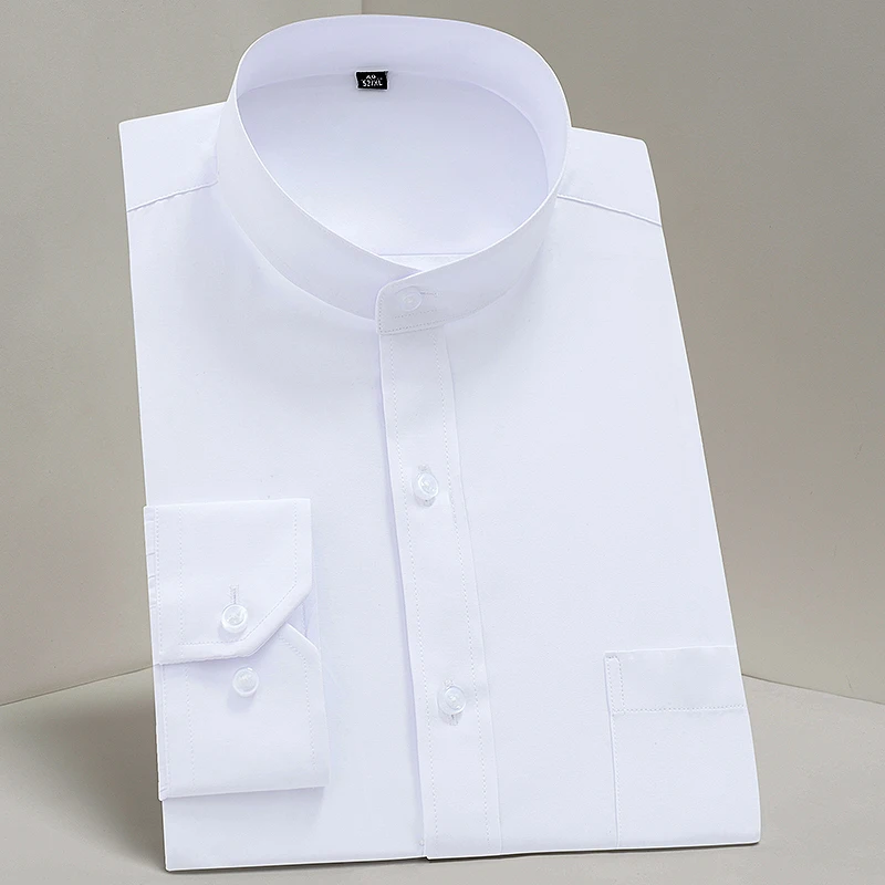 Stand-up Collar Button Shirt Shirts for Men Long Sleeve Business Party Non-ironing Chinese Style Solid Neck Slim Fit Shirt Men