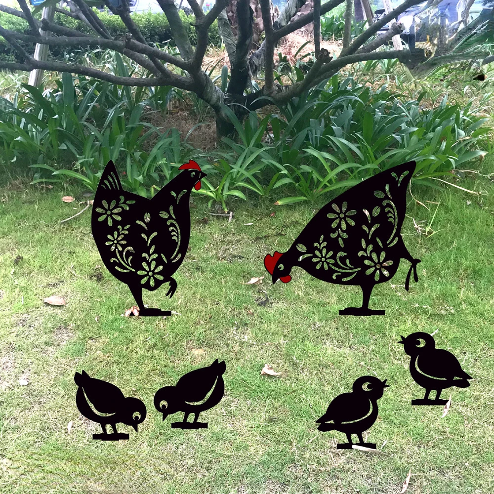 

Rooster Animal Stakes Chicken Family Garden Silhouette Yard Art Hollow Out Metal Animals Shape Decor for Outdoor Black Rooster