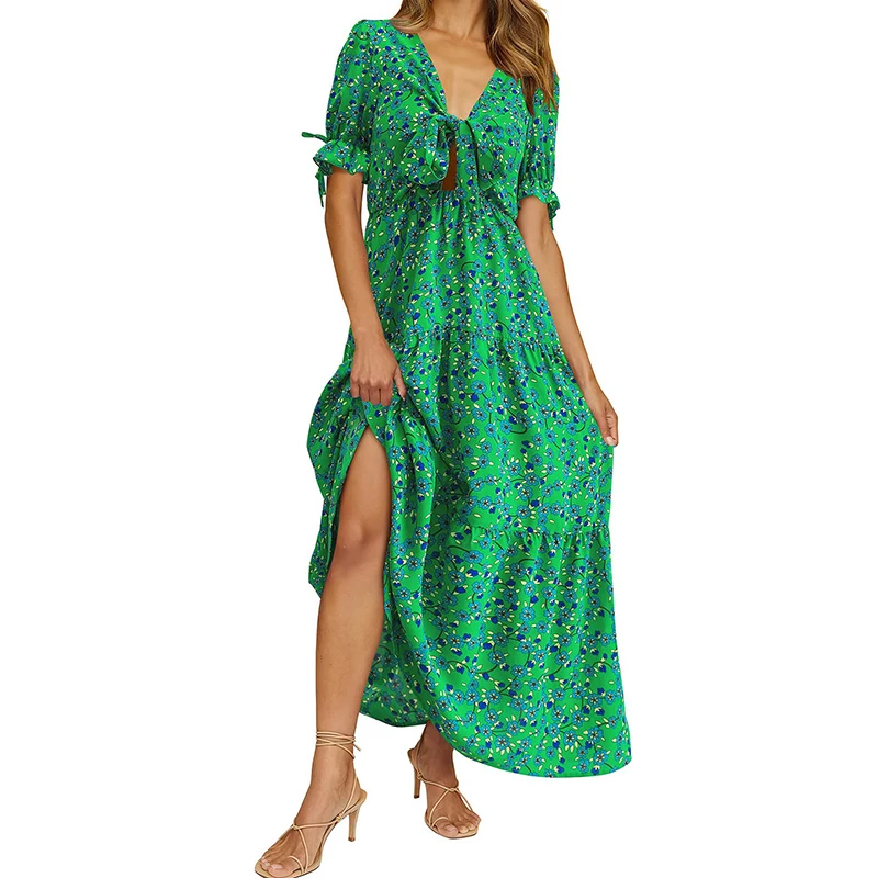 

2023 Summer New Floral Print Long Dress Fashion Sexy V-Neck Lace-up Pleated Dress Casual Elegant Large Swing Pullover Vestidos