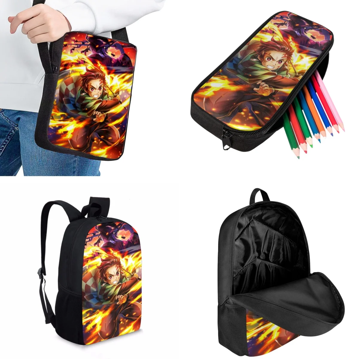 Jackherelook Youngster Trendy School Bag Tanjirou Manga Rengoku Fashion School Backpack 3pcs Boys Laptop Bag Children Bookbag