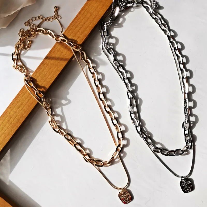 

Titanium Steel Korean Double Layer Wear Monogram Necklace Simple INS Hip Hop Sweater Chain Male Female Thick Clavicle Chain