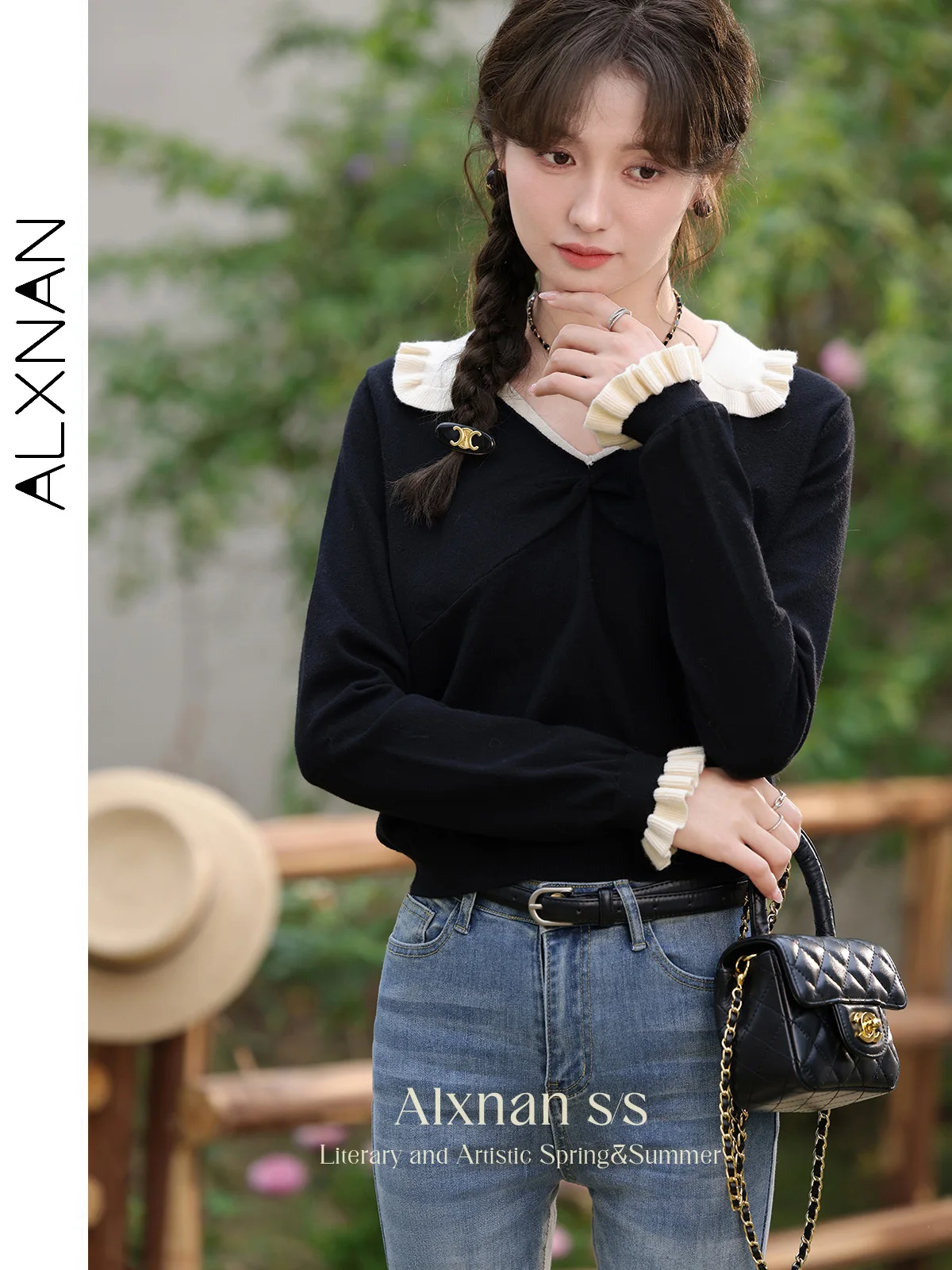 ALXNAN женский свитер с воротником Питера Пэна осень 2023 новый сращенный вязаный