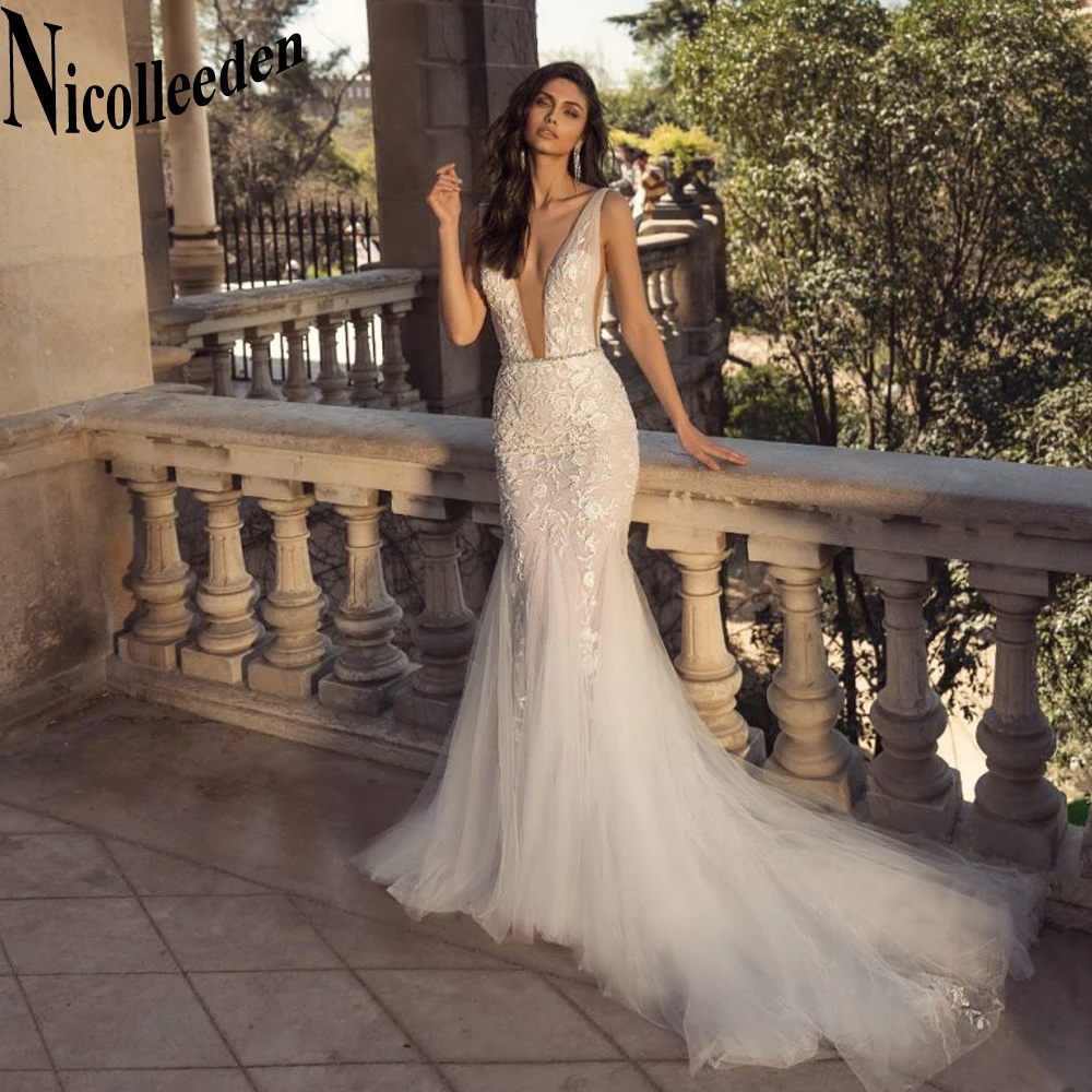 

Nicolle Modern Appliques Wedding Dresses For Women Deep V-Neck Court Train Backless Tank Sleeveless Tulle Robe De Mariée