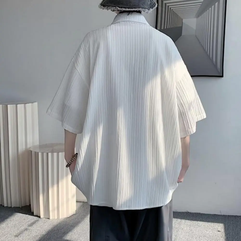 

Рубашка мужская однобортная свободного покроя, стильная повседневная сорочка с полосатым принтом, с воротником с лацканами, уличная одежда с короткими рукавами