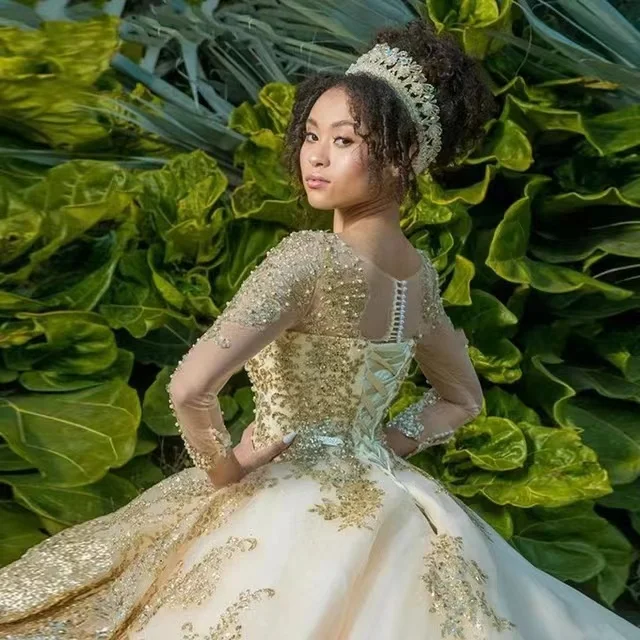 ANGELSBRIDEP Шампанское платье Quinceanera бальное с длинным рукавом блестящее аппликацией