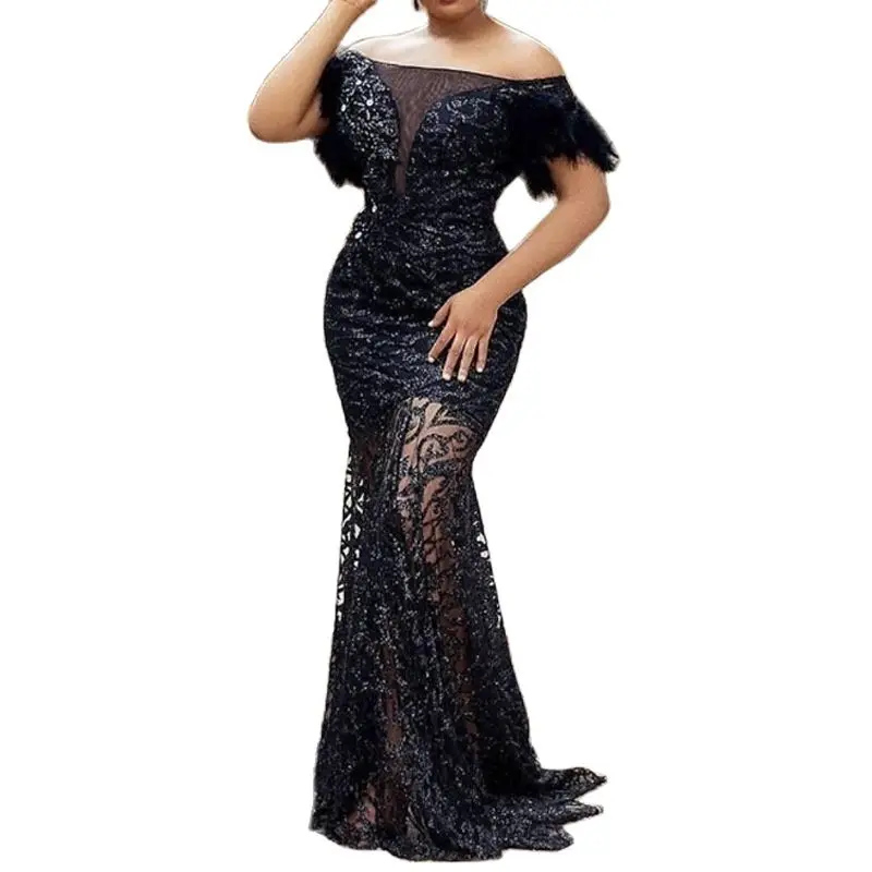 Plus Size Evening Sequin Dress Mesh See Through Clothing Female Luxury Elegant Robe 2023 Summer Women Trendy Party New In Dress