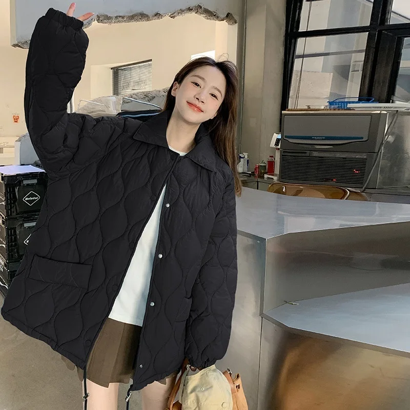 Solid Rhombus Pattern Winter Women Parkas Jacket Retro Turn Down Collar Loose Cotton Padded Coat Clothes Winter Fashion