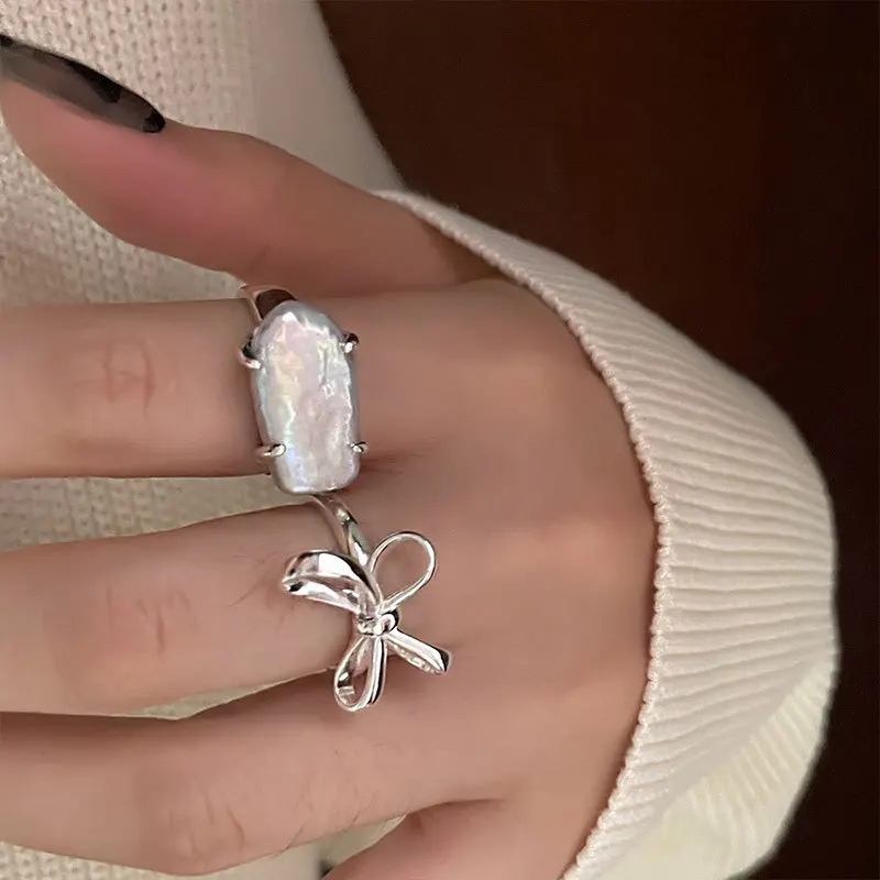 

Bowknot Pearl Silver Color Ring Female Trend Simple Luxury Fashion Rings