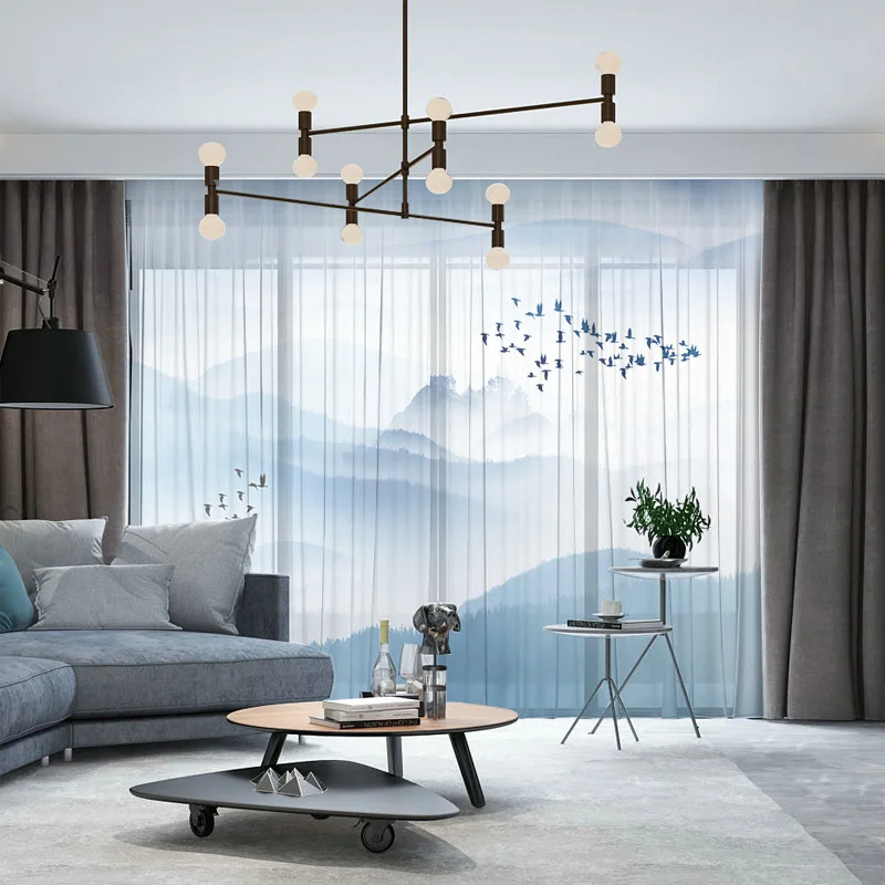 

Custom Chiffon Voile Sheer Curtain Window Tulle Drape for Bedroom Living Room Mountain Hills Birds Landscape