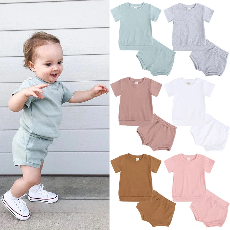 Summer Children's Solid Color Threaded Cotton Suit Top Pants Infant Suit Jumpsuit