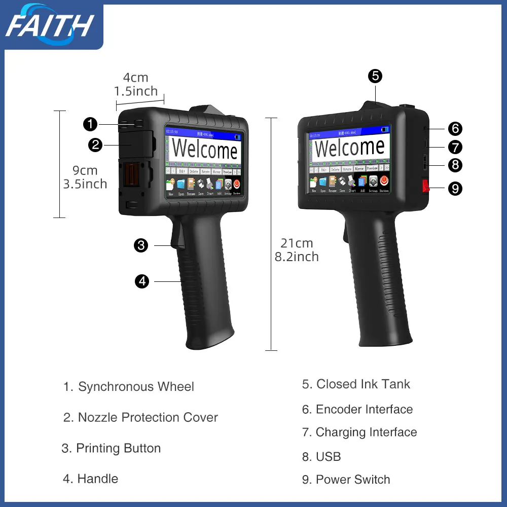 Портативный принтер Faith 20% 12,7 мм, ручной струйный принтер, текст, QR, штрих-код, номер партии, логотип, изображение, дата, печатная машина (art.: 3920d334259bd) - 3920d334259bd